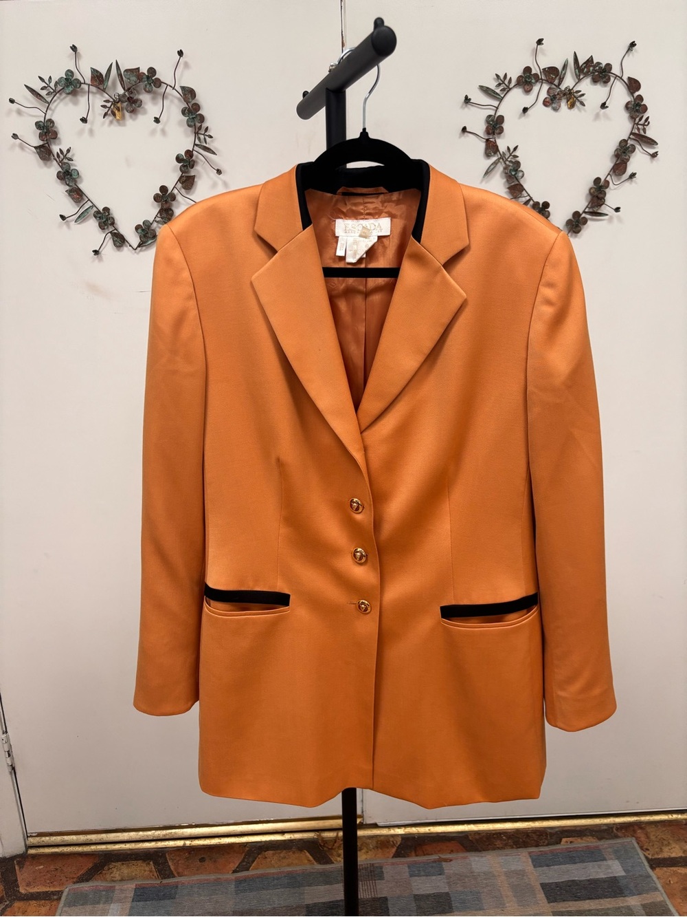 Vintage Escada Margaretha Ley Virgin Wool Marigold Blazer w/ Black Trim Size 44